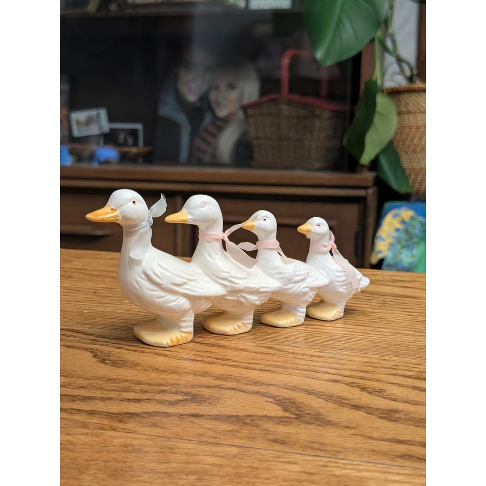 Vintage Artmark Ceramic Duck Figurines Set of 4 White Geese with Ribbons
